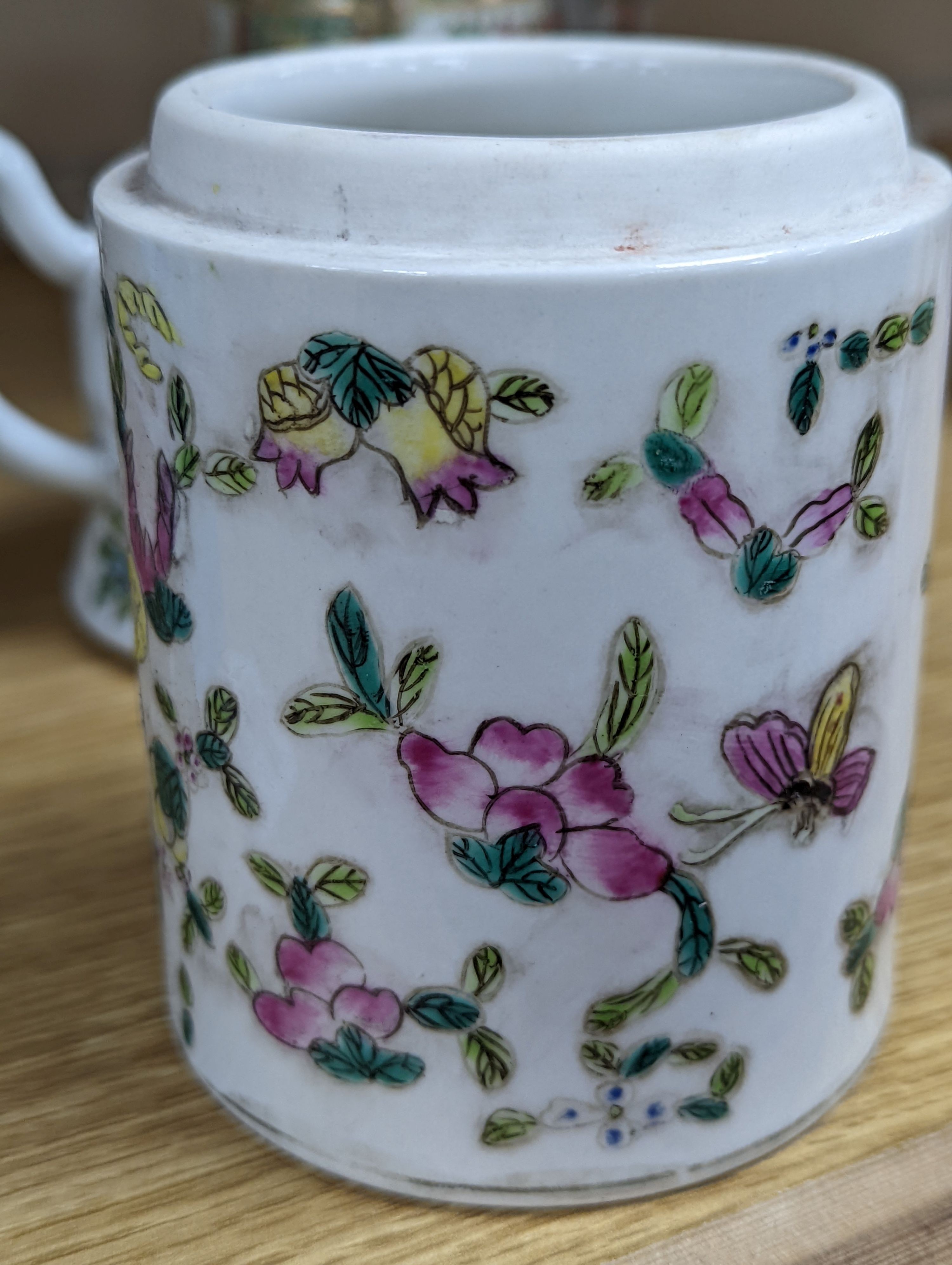 A group of Chinese famille rose vases and jars, a box and cover and a teapot, 19th/20th century, Pair of vases 13 cms high.